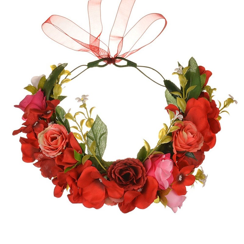 Vivivalue Rose Flower Crown Boho Flower Headband Hair Wreath Floral Headpiece Halo with Ribbon Wedding Party Festival Photos Red - Image 2